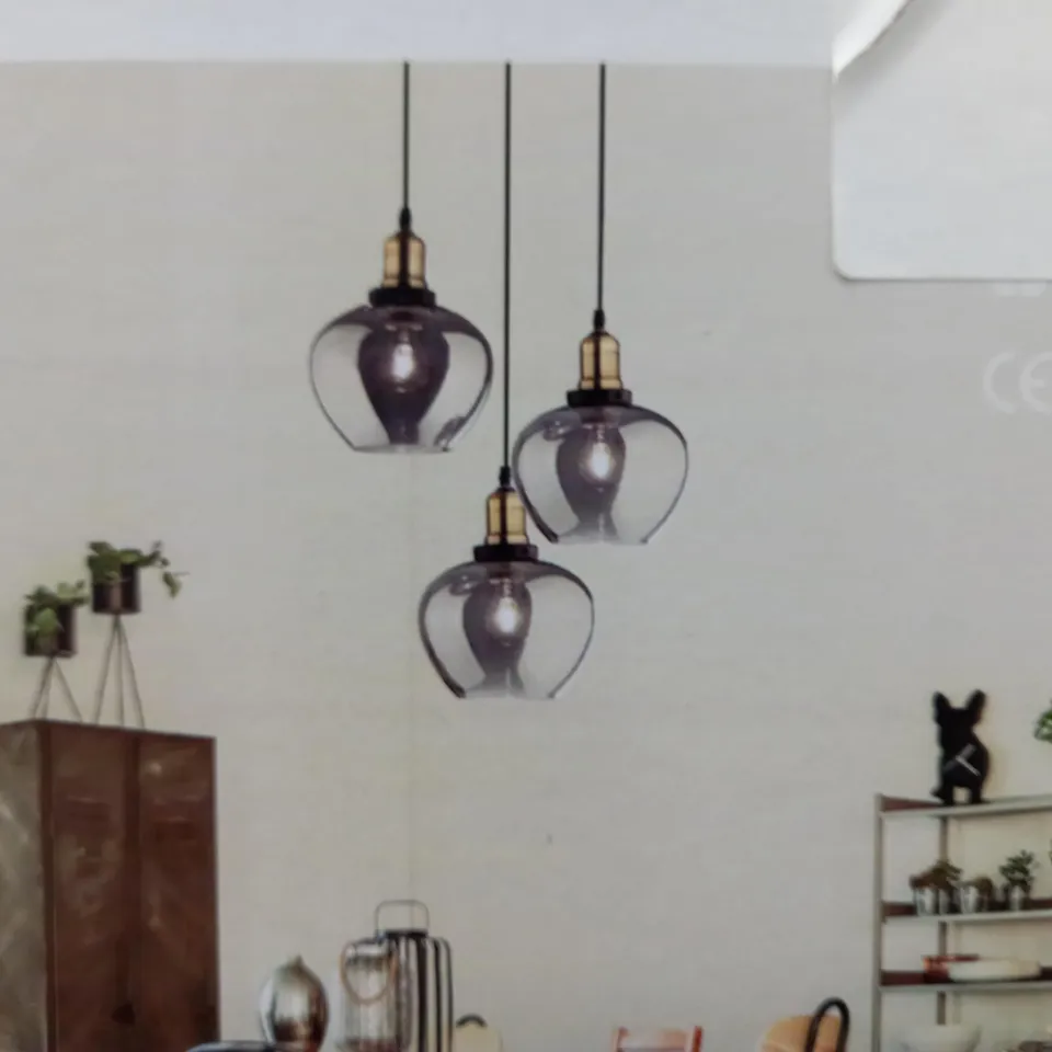 BOXED NOVA LUCE CEDRO 3 LIGHT CLUSTER CEILING PENDANT SMOKEY GLASS SHADE