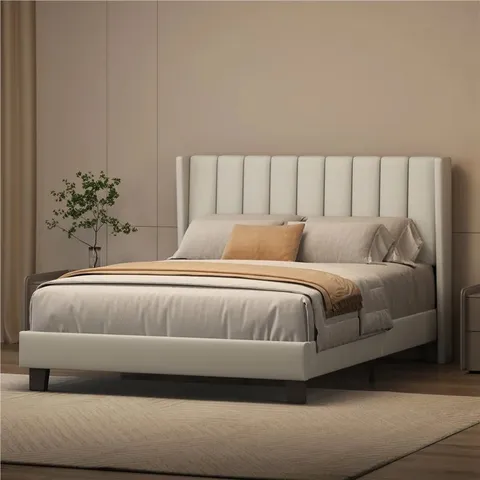 BOXED YAHEETECH UPHOLSTERED BED FRAME WITH CHANNEL TUFTED HEADBOARD - LIGHT GREY (1 BOX)