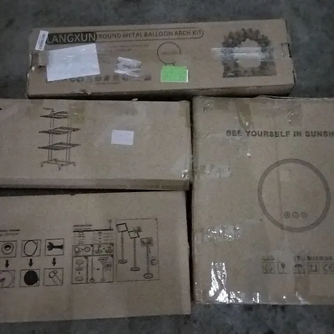 PALLET OF ASSORTED ITEMS INCLUDING VANITY MIRROR, POSTER STAND, HOMIDEC DRYING RACK, ROUND METAL BALLOON ARCH KIT 