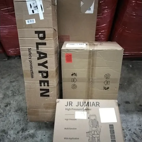 PALLET OF HOUSEHOLD ITEMS TO INCLUDE MIRROR, PLAYPEN, HIGH PRESSURE WASHER, LED CHANDELIER AND OTHER ASSORTED ITEMS...