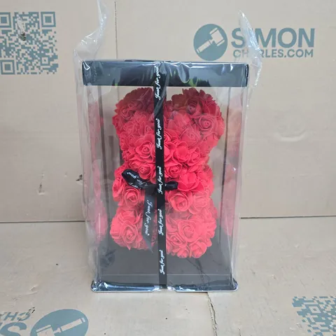 RED ROSE BEAR WITH RIBBON 25CM IN BLACK PRESENTATION BOX