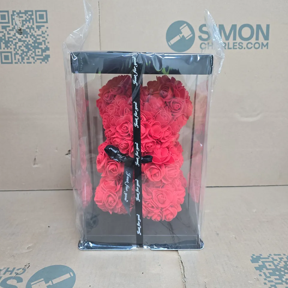 RED ROSE BEAR WITH RIBBON 25CM IN BLACK PRESENTATION BOX