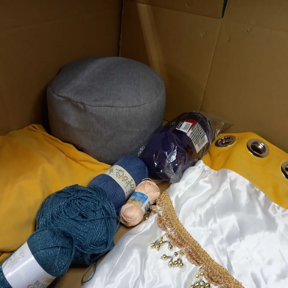 LARGE BOX OF APPROXIMATELY 10 ASSORTED HOUSEHOLD ITEMS TO INCLUDE: YARN, EYELET CUTAINS/CURTAIN DECOR
