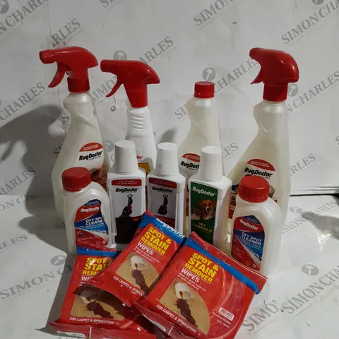 APPROXIMATELY 20 ASSORTED RUG DOCTOR CLEANING PRODUCTS TO INCLUDE URINE ELIMINATOR, HEAVY STAIN PRE-TREATMENT, SPOT AND STAIN REMOVER ETC.