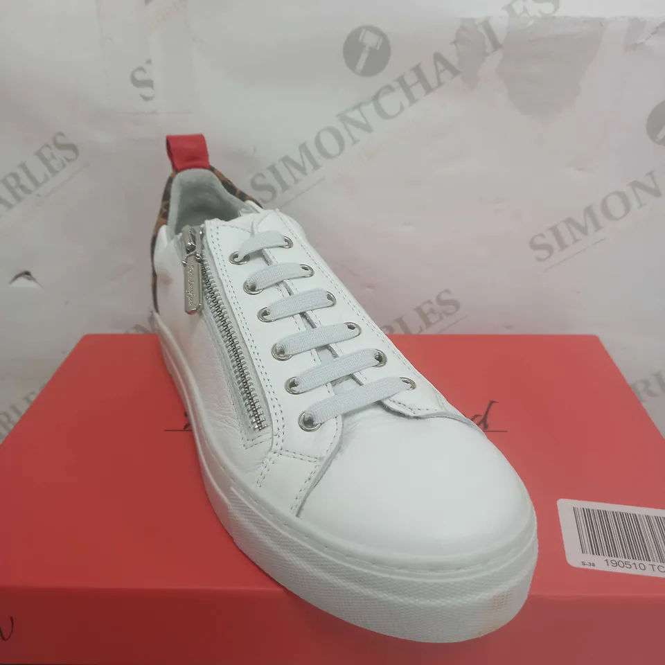BOXED RUTH LANGSFORD TRAINER WITH ZIP DETAIL, WHITE LEOPARD, UK 5