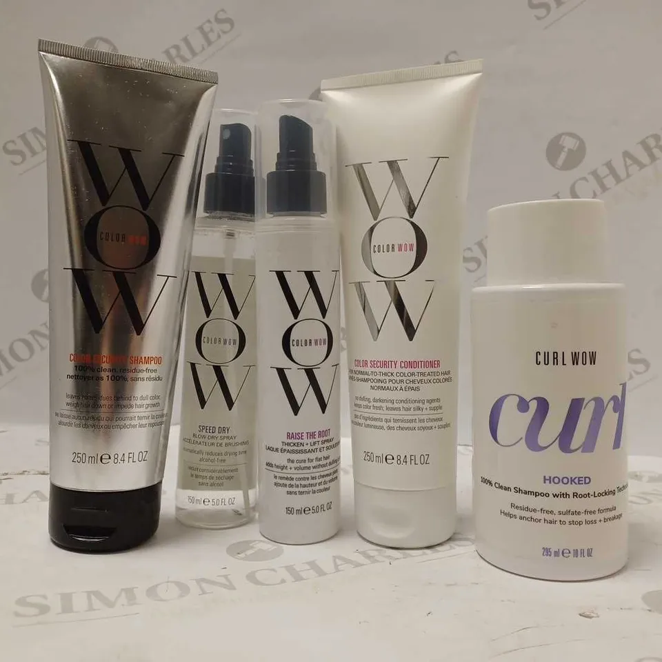 LOT OF 5 WOW PRODUCTS TO INCLUDE COLOUR SECURITY SHAMPOO, COLOUR SECURITY CONDITIONER, CURL HOOKED SHAMPOO, ETC 