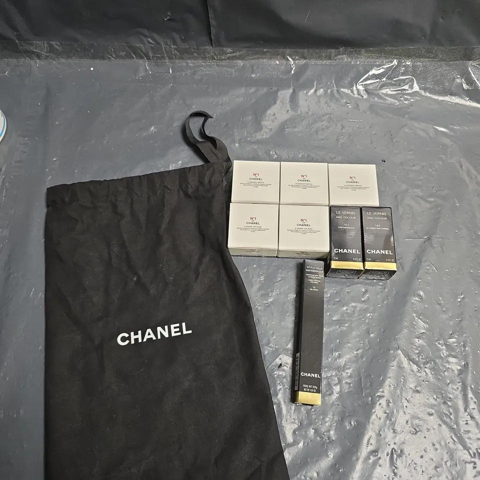 LOT OF APPROXIMATELY 8 CHANEL MAKE UP PRODUCTS TO INCLUDE NAIL POLISH, LIP AND CHEEK BALM AND EYELINER