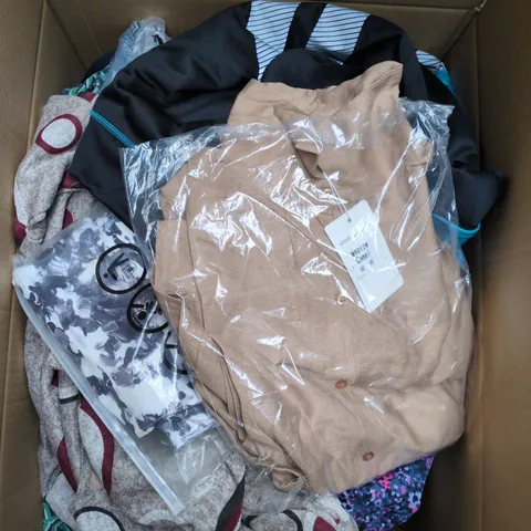 LARGE BOX OF APPROXIMATELY 25 ASSORTED CLOTHING ITEMS IN VARIOUS COLOURS, STYLES AND SIZES - COLLECTION ONLY