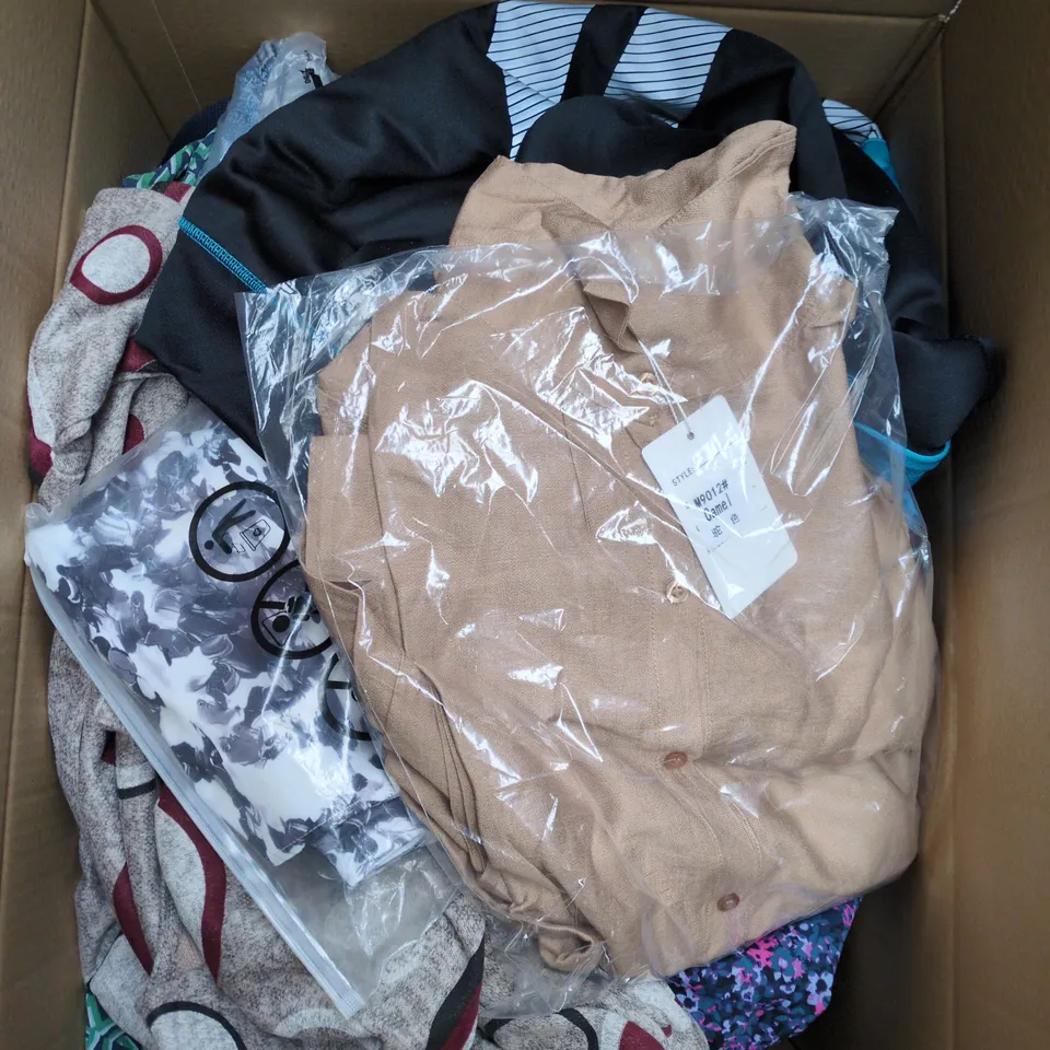 LARGE BOX OF APPROXIMATELY 25 ASSORTED CLOTHING ITEMS IN VARIOUS COLOURS, STYLES AND SIZES - COLLECTION ONLY