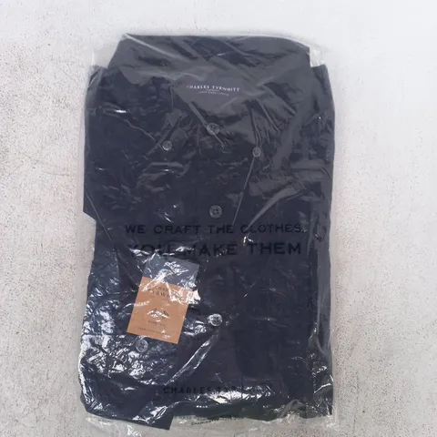 BAGGED CHARLES TYRWHITT DARK BLUE BUTTON-DOWN STRETCH WASHED OXFORD SLIM FIT SHIRT SIZE MEDIUM