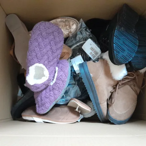 BOX OF APPROXIMATELY 10 ASSORTED PAIRS OF SHOES IN VARIOUS SIZES & STYLES & COLOURS 