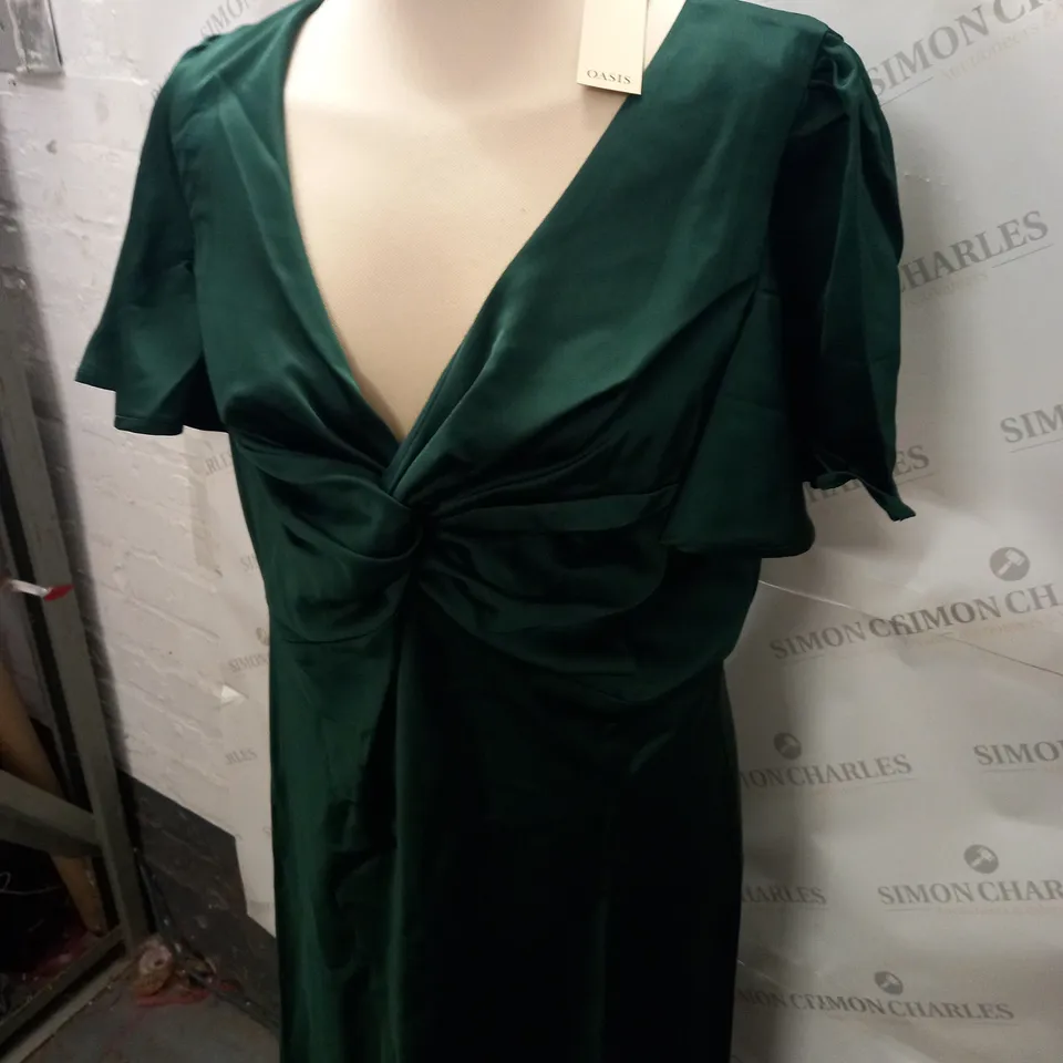 OASIS SATIN TWIST FRONT ANGEL SLEEVE MIDI DRESS IN GREEN - 16