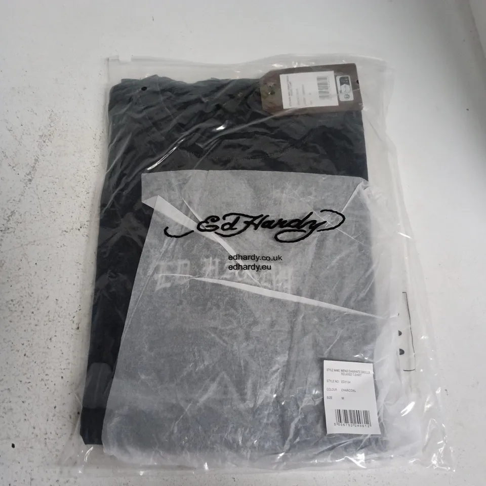BAGGED ED HARDY DIAMANTE SKULLS RELAXED T-SHIRT IN CHARCOAL - MEDIUM