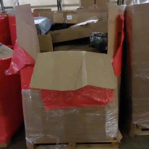 PALLET TO CONTAIN ASSORTED HOUSEHOLD ITEMS AND CONSUMER PRODUCTS. INCLUDING COSMETIC STORAGE BAGS IN PINK, TOILET SEATS, BOXED FURNITURE ETC