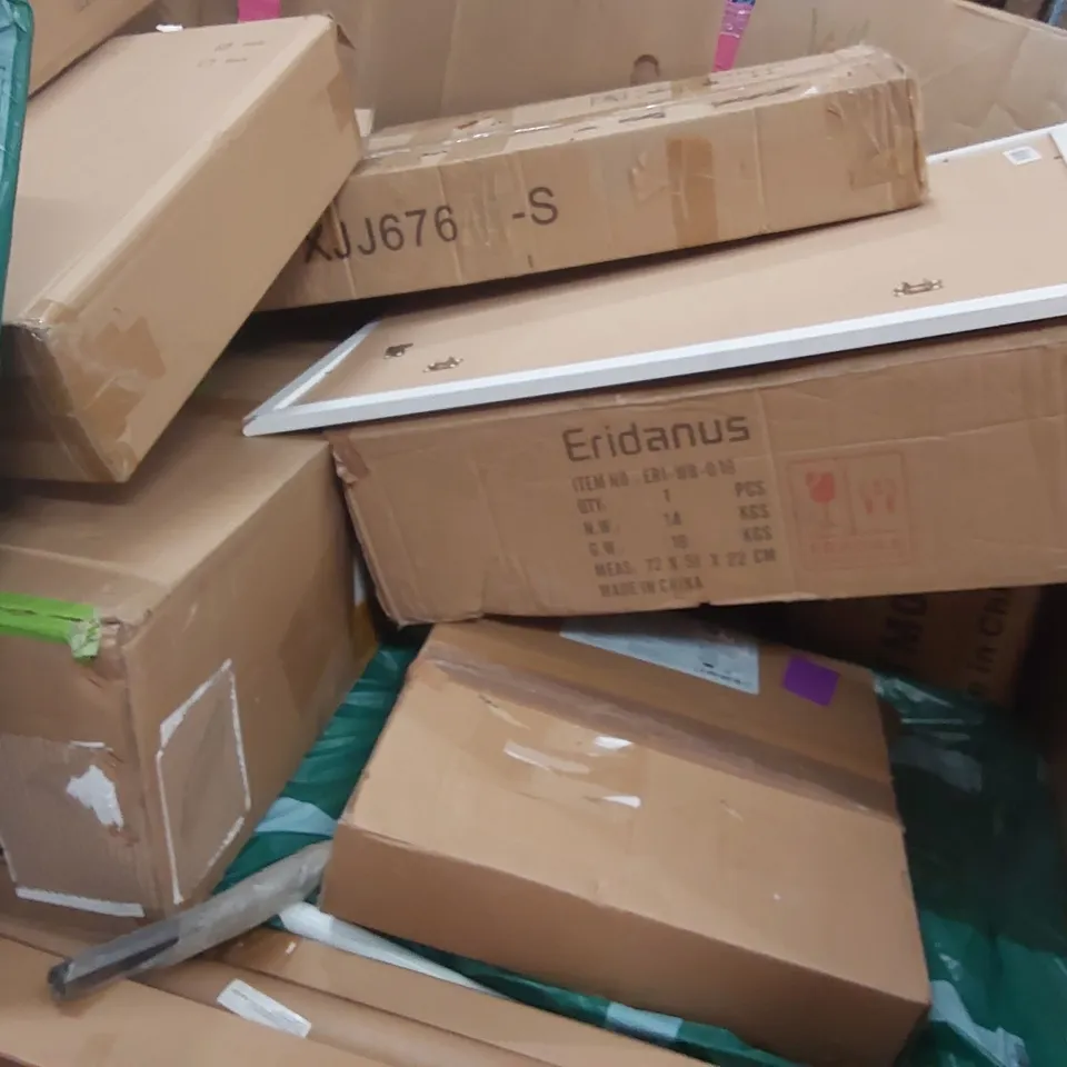 PALLET OF ASSORTED ITEMS INCLUDING: PORCELAIN SINK, VAX AIR STRETCH VACUUM, FOAM UNIVERSAL TOILET SEAT, CANOPY, PICTURE FRAME ECT
