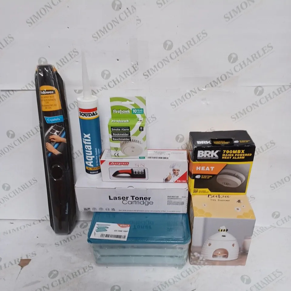 BOX TO CONTAIN APPROX. 20 X ASSORTED HOUSEHOLD GOODS, INCLUDES FIRE ALARMS, INK CARTRIDGES, TOOLS, OIL BURNER ETC 