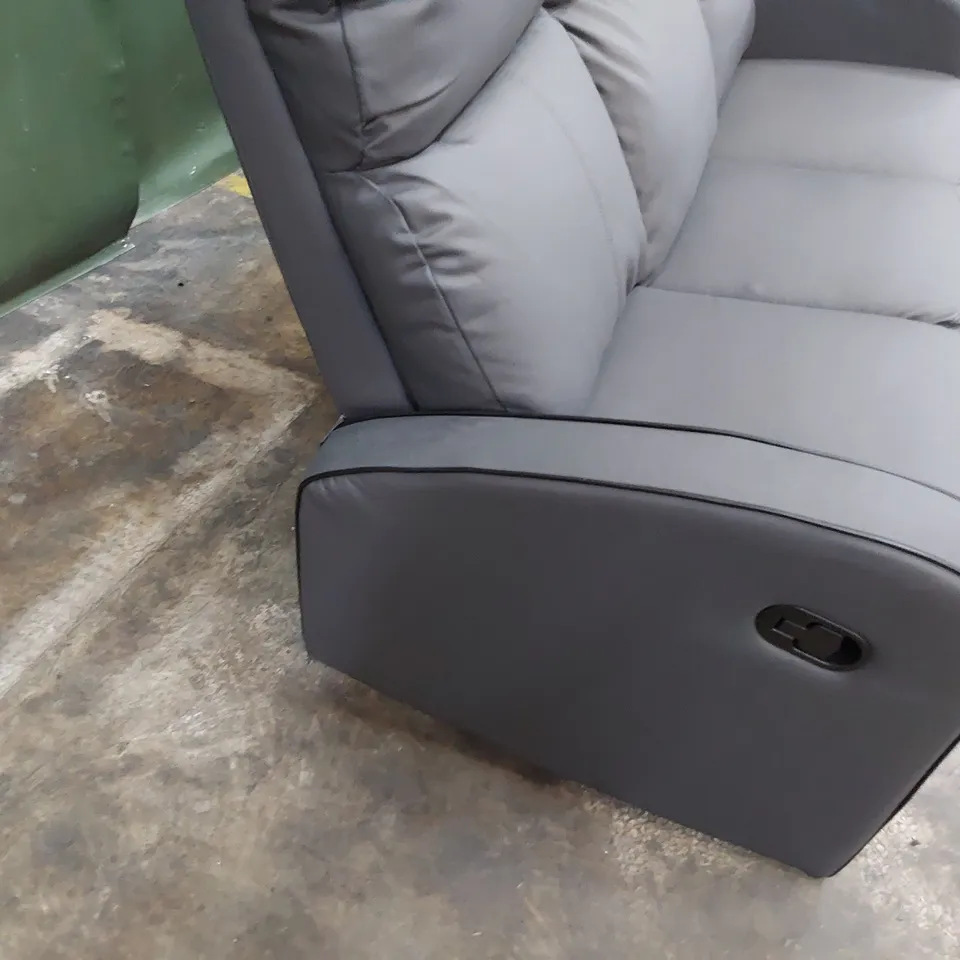 DESIGNER MANUAL RECLINING THREE SEATER SOFA GREY LEATHER WITH BLACK PIPING