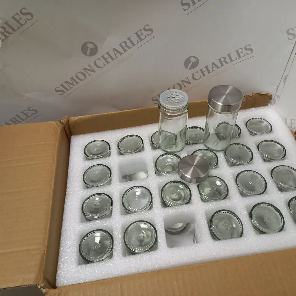 BOXED SET OF 24 GLASS HERB & SPICE JARS, WITH MARKER PEN FOR LABELLING 