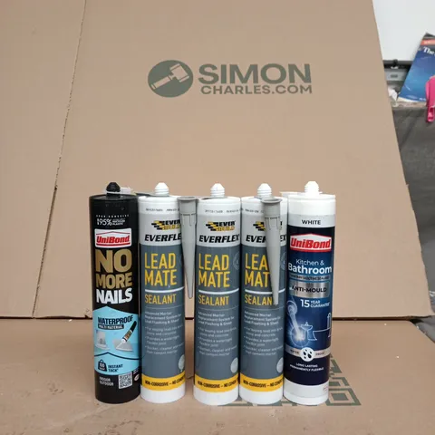 ASSORTED SEALANTS & ADHESIVES: EVERBUILD LEAD MATE SEALANT (4 TUBES), UNIBOND NO MORE NAILS, UNIBOND KITCHEN & BATHROOM ANTI-MOULD