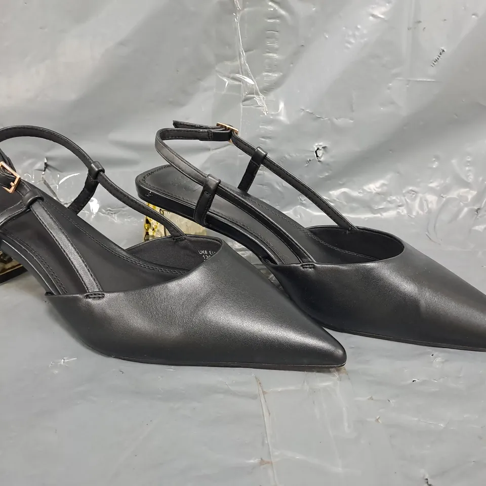BOXED PAIR OF ASOS DESIGN STYLISH SLINGBACK MID BLOCK HEEL POINTED TOE SHOES IN BLACK SIZE UK 6