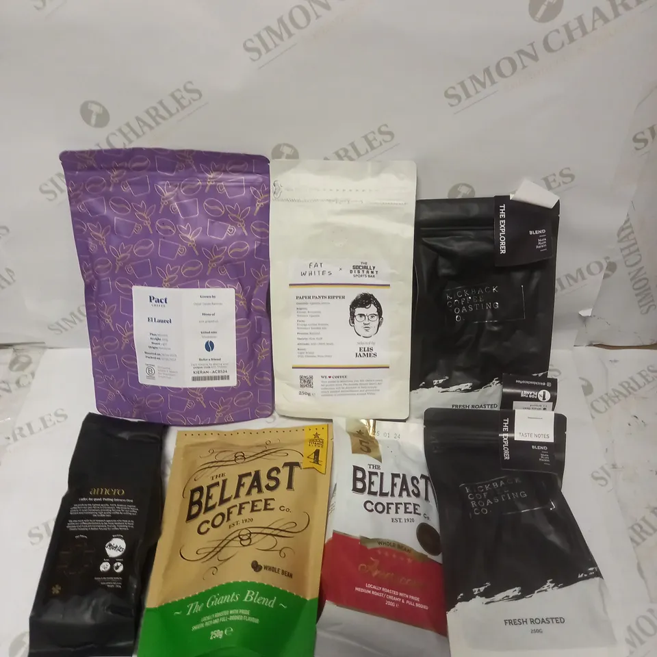 BOX OF 7 ASSORTED COFFEE PACKS TO INCLUDE PACT, FAT WHITES, THE BELFAST COFFEE ETC 