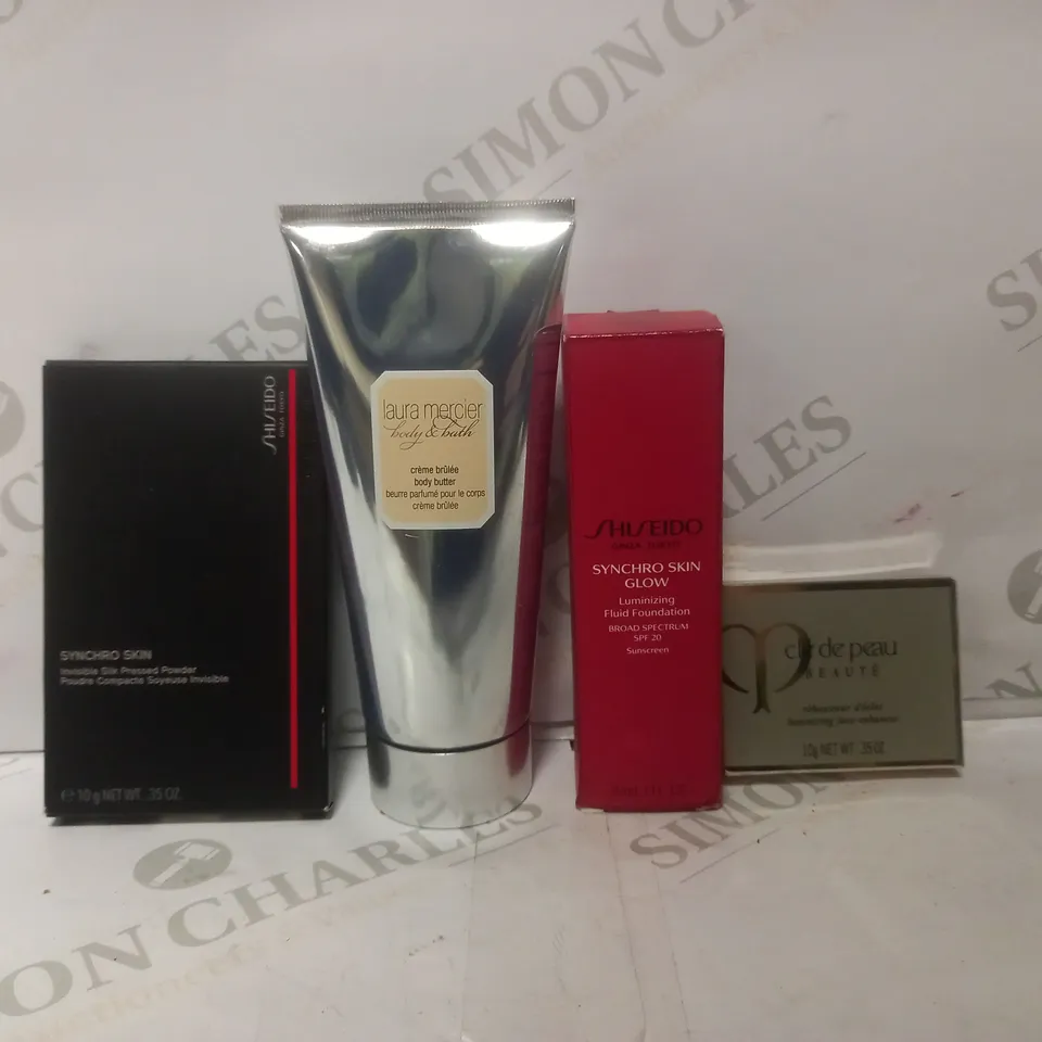 BOX OF APPROX 25 HEALTH AND BEAUTY ITEMS TO INCLUDE - LAURA MERCIER BODY BUTTER - SHILEIDO SYNCHRO SKIN GLOW - SHILEIDO SYNCHRO SKIN PRESSED POWDER ECT 