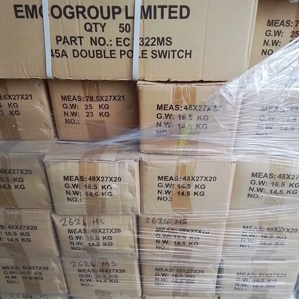 PALLET OF APPROXIMATELY 46 MULTI PACK EMCO BOXES TO INCLUDE - 10A 1G 1WAY SWITCH , 45AMP DOUBLE POLE SWITCH - COLLECTION ONLY