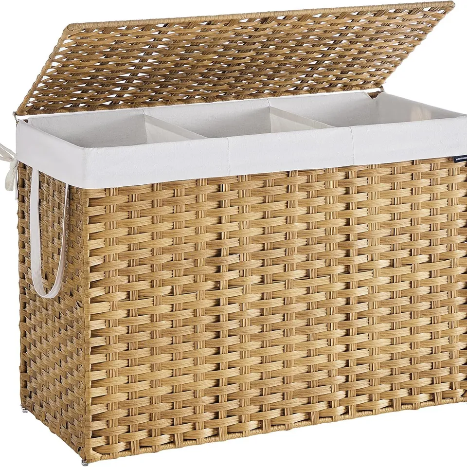 BOXED SONGMICS LAUNDRY BASKET, 200L SYNTHETIC RATTAN STORAGE BASKET WITH LID AND HANDLES