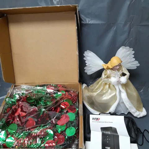 BOX OF APPROX 6 ASSORTED HOUSEHOLD ITEMS TO INCLUDE - SFIXV RECHARGABLE AIR COMPRESSOR & PUMP - HOME REFLECTIONS POP UP 5FT TINSEL TREE - MR CHRISTMAS TREE TOPPER - ETC