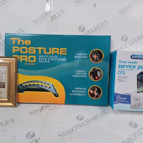 BOX OF APPROXIMATELY 20 ASSORTED HOUSEHOLD ITEMS TO INCLUDE INTERPET THREE MONTH SERVICE PACK, THE POSTURE PRO, PHOTO FRAME IN GOLD EFFECT, ETC