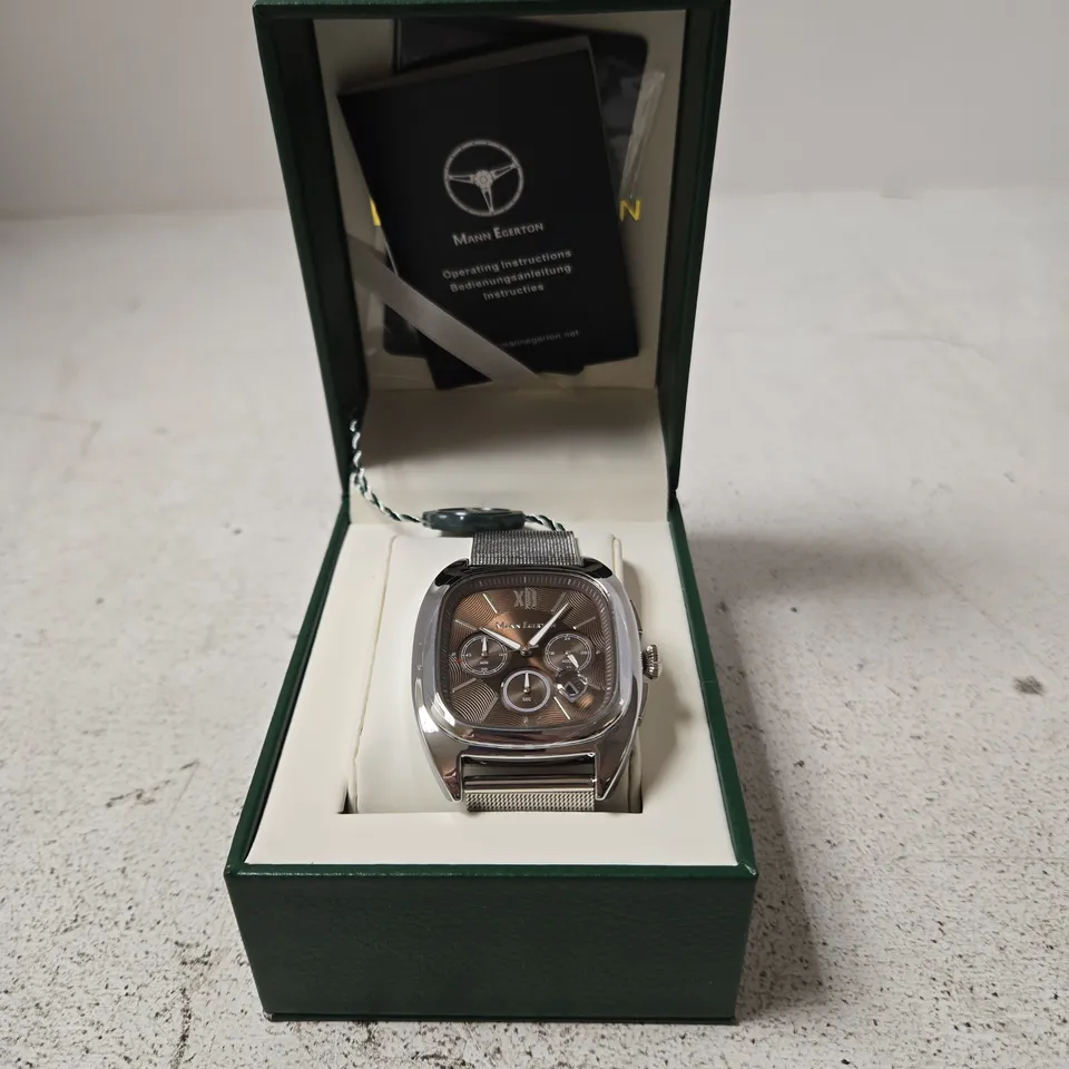 MANN EGERTON CHRONOGRAPH WATCH – STAINLESS STEEL MESH BRACELET IN GREEN PRESENTATION BOX