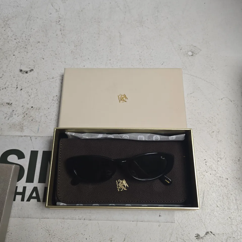 PRAGNELL SUNGLASSES IN BLACK FRAME WITH BROWN LEATHER CASE AND GOLD CREST ON TEMPLE