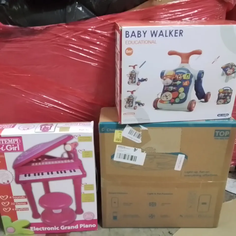 PALLET OF ASSORTED HOUSEHOLD GOODS AND PRODUCTS TO INCLUDE;BABY WALKER,ELTRONIC PAINO FOR KIDS,CEILING FAN LIGHT 
