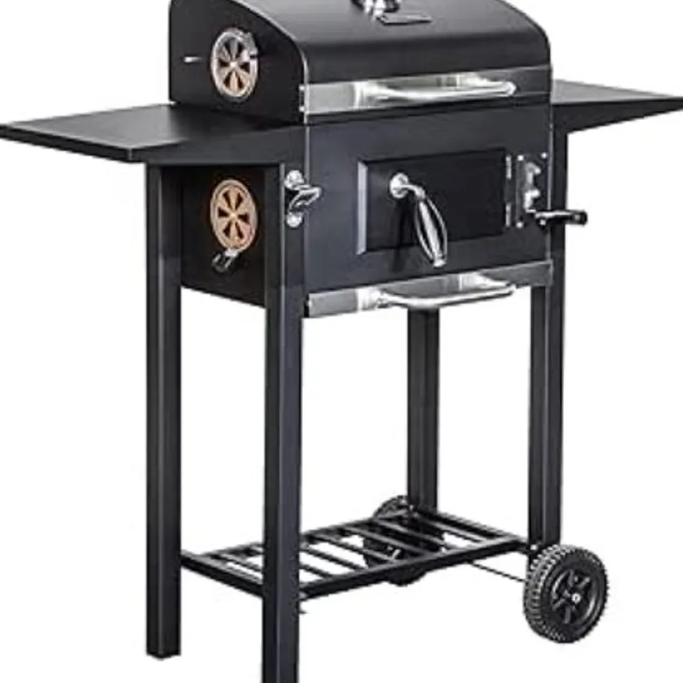 BOXED GEORGE FOREMAN LARGE CHARCOAL BBQ IN BLACK OUTDOOR SMOKER BARBECUE PORTABLE BBQ WITH LID COVER, ADJUSTABLE GRILL AND INTEGRATED TEMPERATURE GAUGE, FOR HOME GARDEN PARTY COOKING, GFCSBBQL