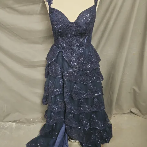 EMBELLISHED SEQUIN LAYERED SPLIT LEG OCCASION DRESS IN NAVY SIZE UNSPECIFIED