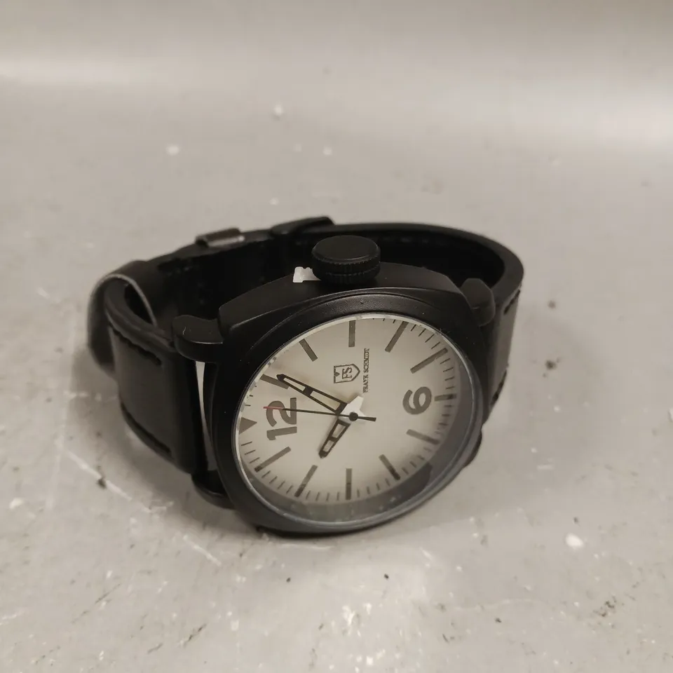 MENS FRANK SCHMIDT WATCH – LARGE BLACK CASE – WHITE PILOT DIAL – BLACK LEATHER STRAP – 3ATM WATER RESISTANT