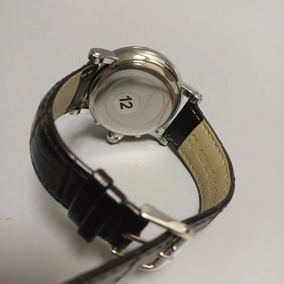 MENS LOUIS LACOMBE CHRONOGRAPH WATCH – MULTI FUNCTION DIAL WITH DATE – ROMAN NUMERAL DIAL – LEATHER STRAP