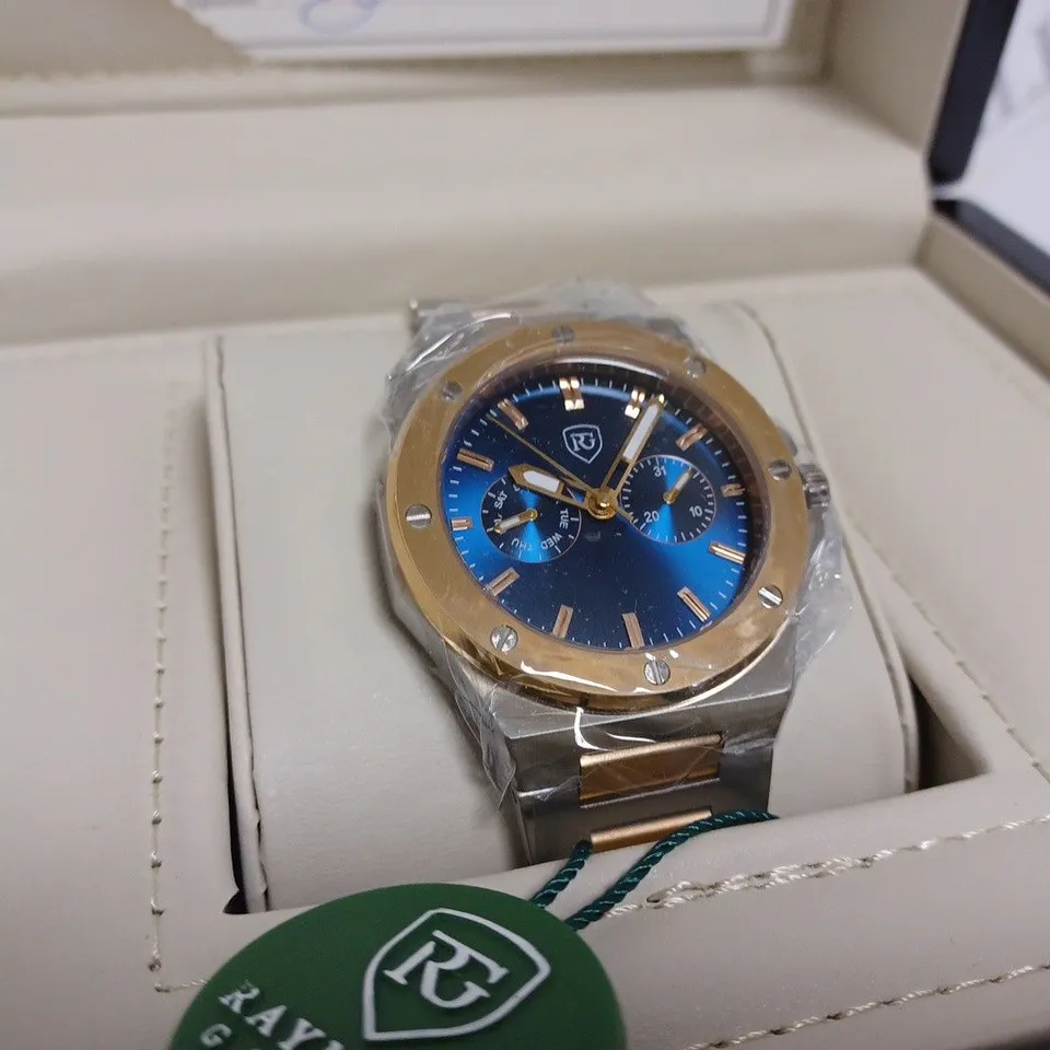 RAYMOND GAUDIN MENS WATCH – MULTI FUNCTION DIAL – STAINLESS STEEL CASE & STRAP – 5ATM WATER RESISTANT - WOODEN GIFT BOX