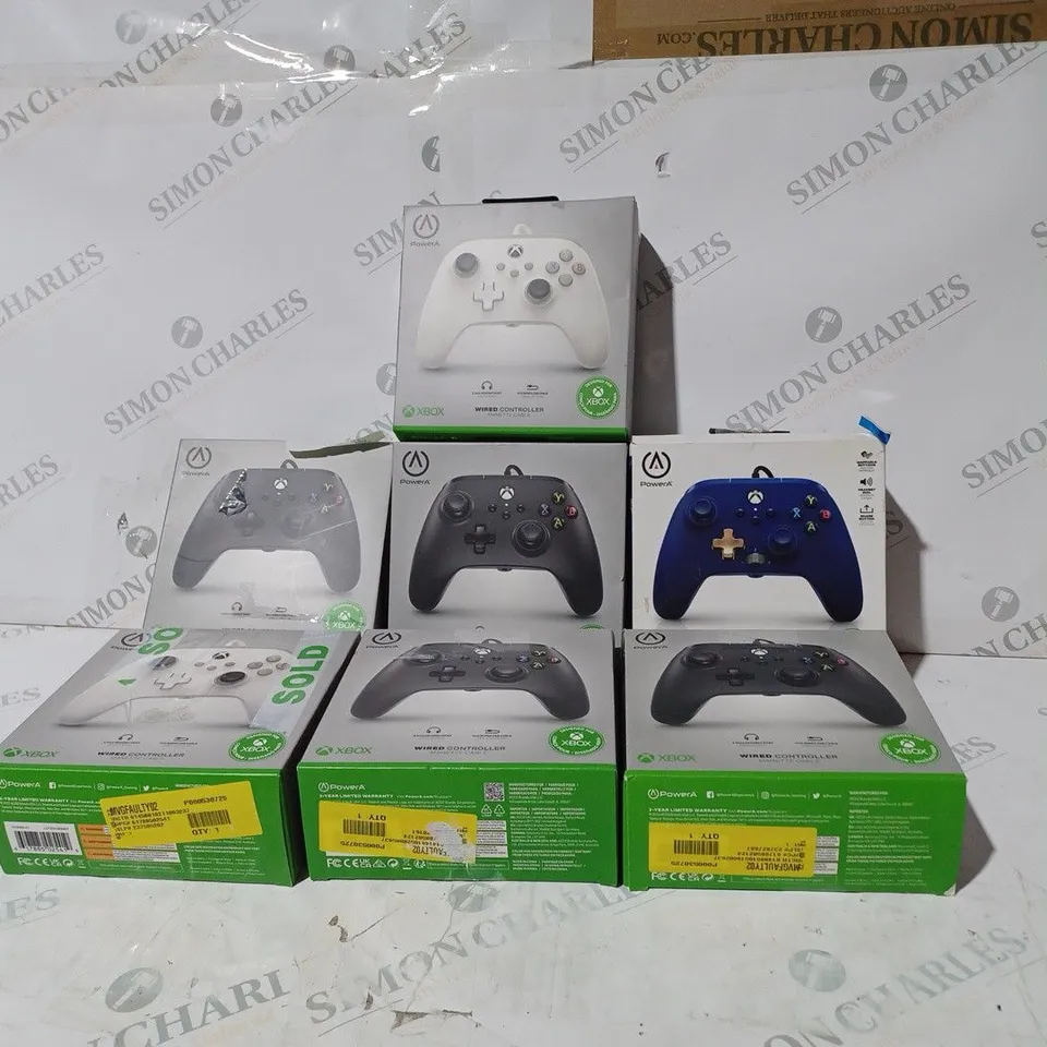 BOX OF 7 ASSORTED BOXED POWER A XBOX ONE WIRED CONTROLLERS IN VARIOUS COLOURS