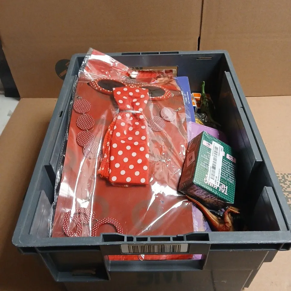 TOTE OF APPROXIMATELY 20 ASSORTED TOYS/RELATED ITEMS TO INCLUDE DISNEY WISH BEAUTY TIN, 60'S COSTUME, POKEMON SOFT TOY, PLAYSTATION CONTROLLER, HENLEY ON THAMES PLAYING CARDS ETC