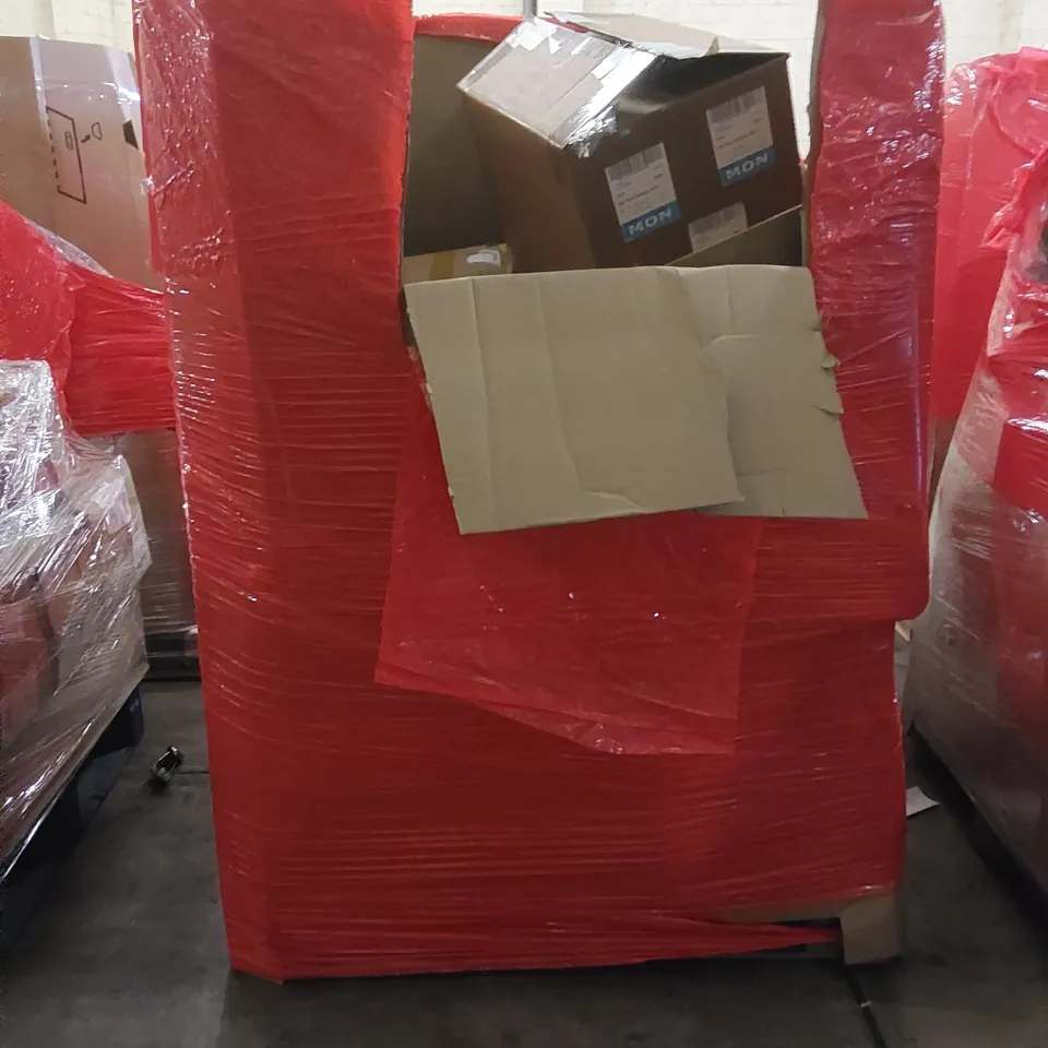 PALLET CONTAINING ASSORTED HOUSEHOLD PRODUCTS INCLUDING KITCHEN MIXER APPLIANCE, HANGERS, BOXED FURNITURE ETC