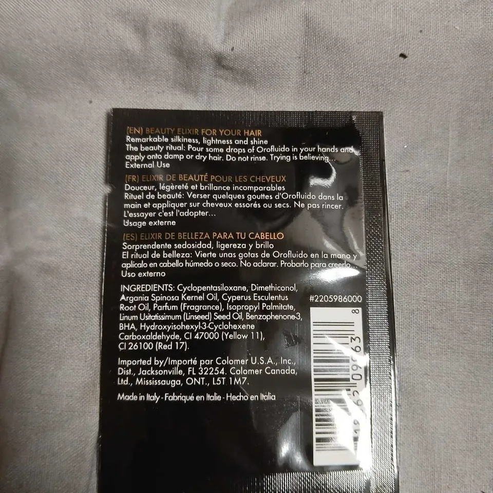 BOX OF APPROXIMATELY 250 OROFLUIDO BEAUTY ELIXIR FOR HAIR 3ML SACHET BULK PACK-NO EXPIRY DATE SHOWN 