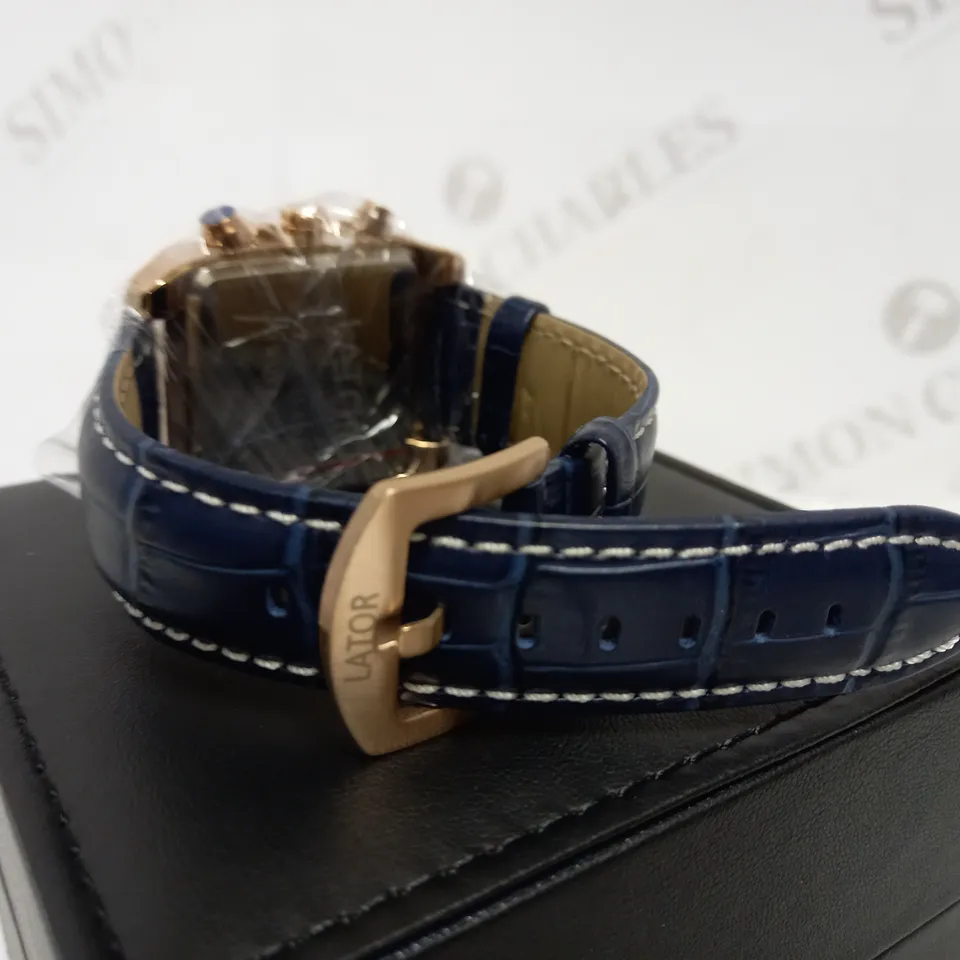 LATOR CALIBRE BLUE DIAL CHRONOGRAPH STYLE LEATHER STRAP WATCH RRP £550