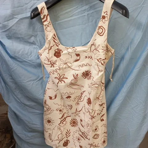 NOBODY'S CHILD DRESS, UK 10 (EU 38; USA 6) MADE IN INDIA – CREAM WITH BROWN BOTANICAL PRINT