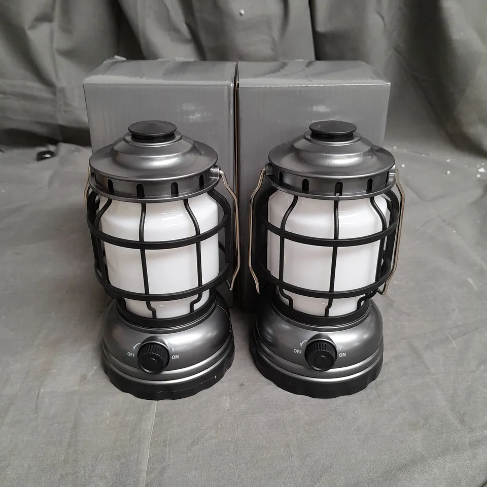 BOXED SET OF 2 HANGING BATTERY LANTERNS IN METALIC GREY 