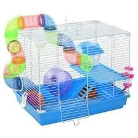 BOXED PAWHUT 2 TIER HAMSTER CAGE CARRIER HABITAT SMALL ANIMAL HOUSE WITH EXERCISE WHEELS TUNNEL TUBE WATER BOTTLE DISHES HOUSE LADDER FOR DWARF, BLUE