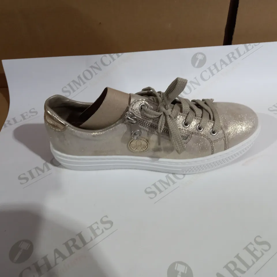 BOXED PAIR OF RIEKER GOLD METALLIC TRAINERS - SIZE 6.5
