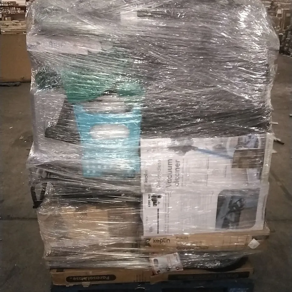 PALLET CONTAINING A LARGE QUANTITY OF ASSORTED HOUSEHOLD GOODS WHICH INCLUDE; HOOVERS, CUSHIONED GRAVITY CHAIR, PARASOL BASE, SUITCASES ETC