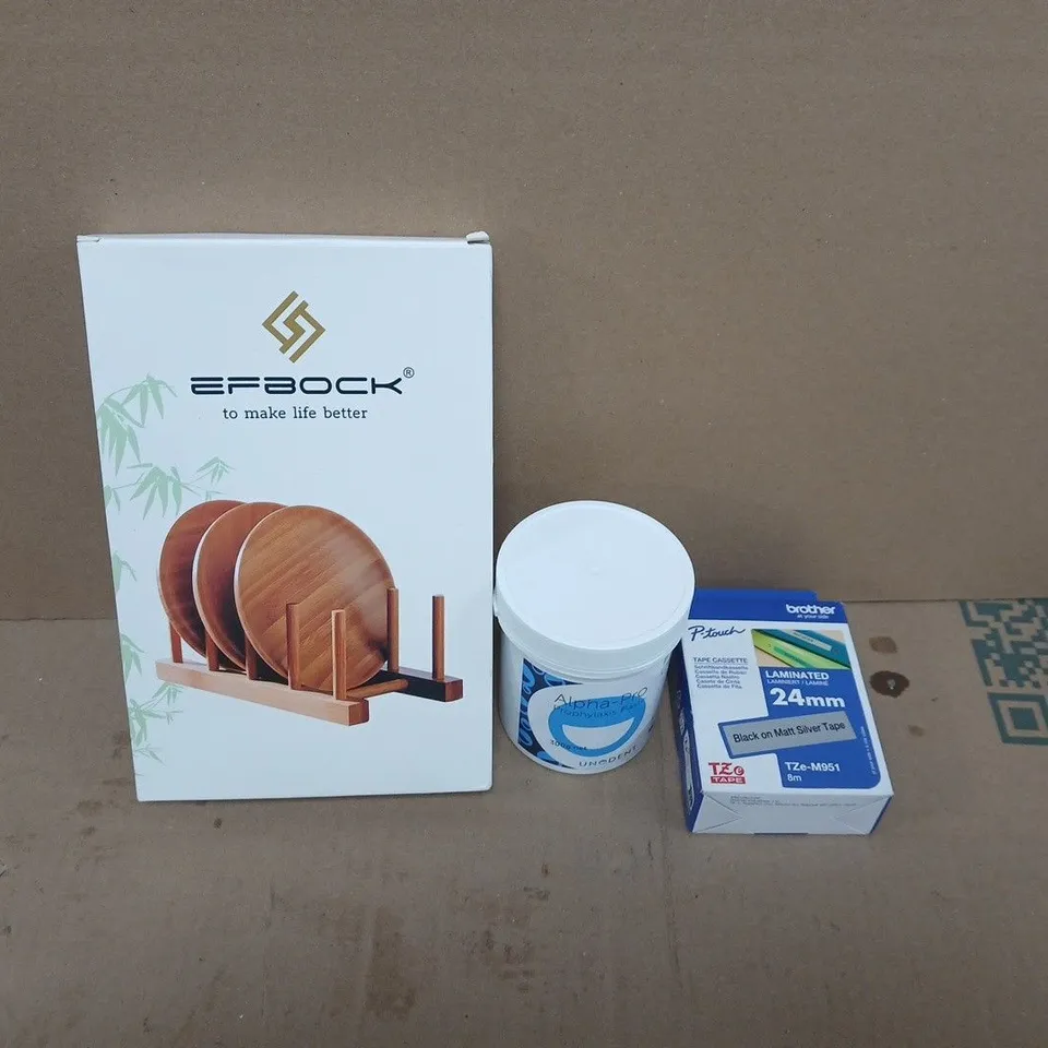 APPROXIMATELY 15 ASSORTED HOUSEHOLD PRODUCTS TO INCLUDE EFBOCK PLATE RACK, BLACK ON MATTE SILVER TAPE, PROPHYLAXIS PASTE ETC 