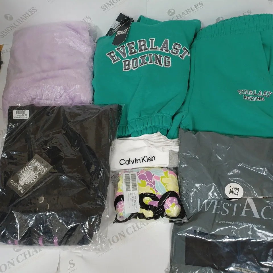LARGE BOX OF ASSORTED BAGGED AND UNBAGGED CLOTHING TO INCLUDE ASOS, EVERLAST AND CALVIN KLEIN